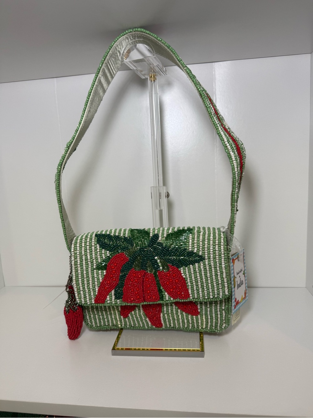 Beaded Chili Pepper Shoulder Bag - Green & Red